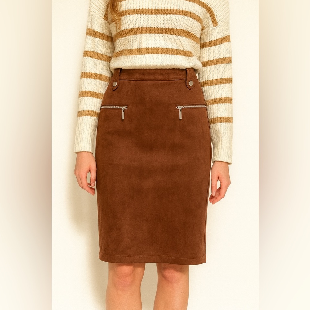 Andrew Marc New York Tummy Control Waistband Cognac Suede Pull On Skirt